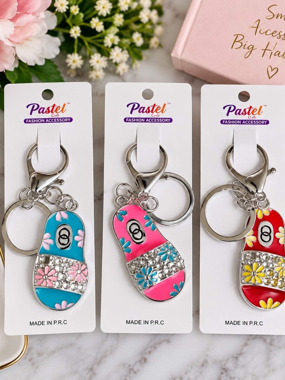 Pastels Floral Rhinestone Sandal Keychain β Blue, Pink, Red